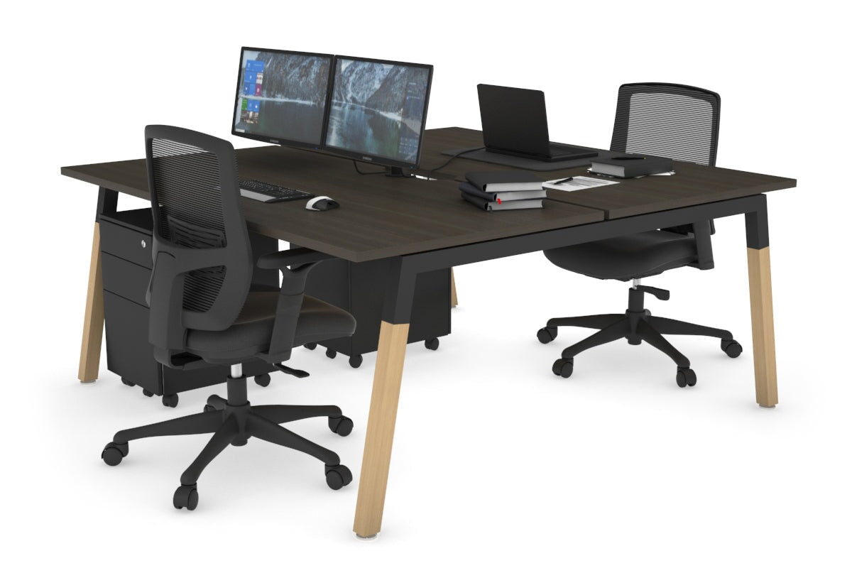 Quadro A Leg 2 Person Office Workstations - Wood Leg Cross Beam [1600L x 800W with Cable Scallop] Jasonl black leg dark oak none