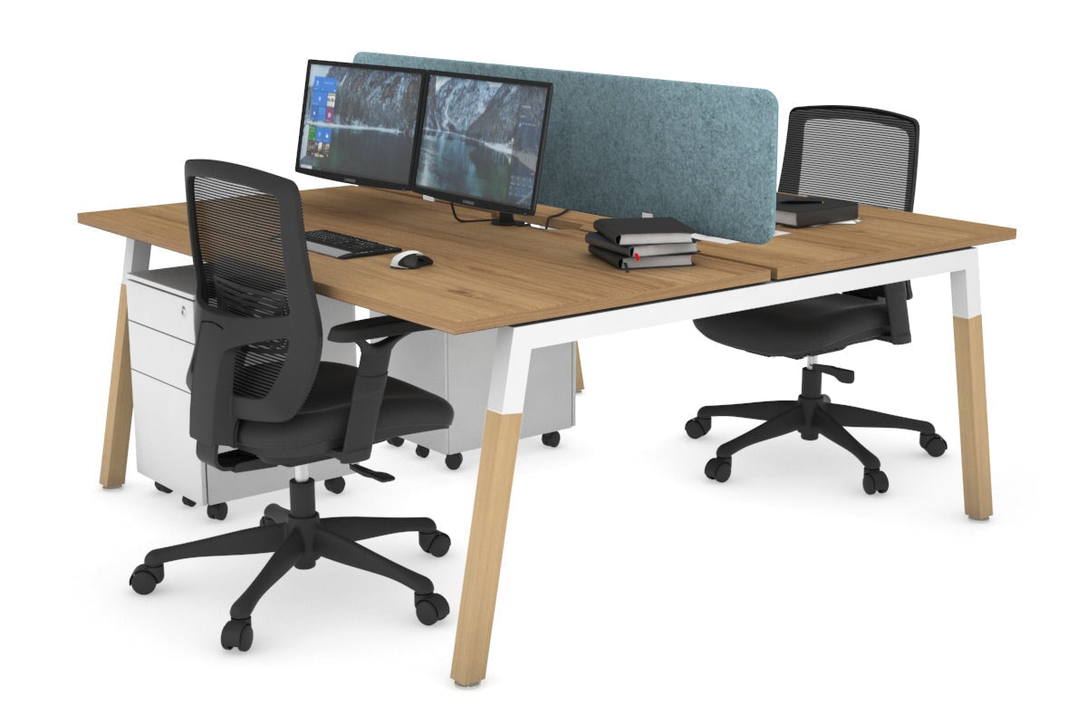Quadro A Legs 2 Person Office Workstation - Wood Legs Cross Beam [1600L x 800W with Cable Scallop]-white leg salvage oak blue echo panel (400H x 1600W)
