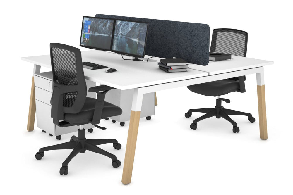 Quadro A Legs 2 Person Office Workstation - Wood Legs Cross Beam [1600L x 800W with Cable Scallop]-white leg white dark grey acoustic panel (400H x 1600W)