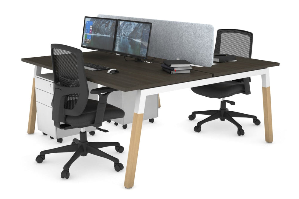 Quadro A Legs 2 Person Office Workstation - Wood Legs Cross Beam [1600L x 800W with Cable Scallop]-white leg dark oak light grey acoustic panel (400H x 1600W)