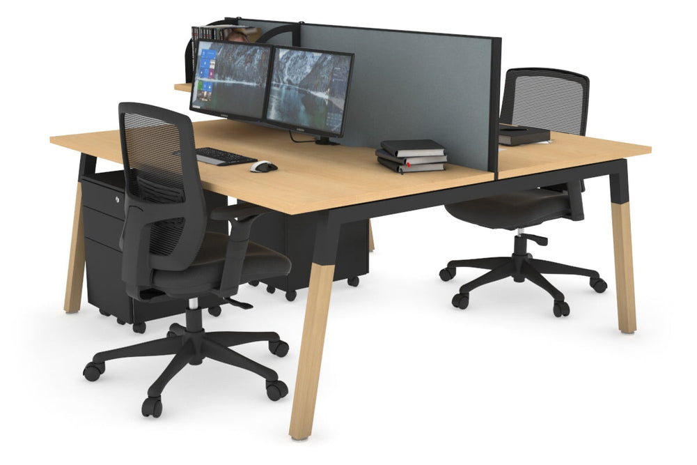 Quadro A Legs 2 Person Office Workstation - Wood Legs Cross Beam [1600L x 800W with Cable Scallop]-black leg maple cool grey (500H x 1600W)