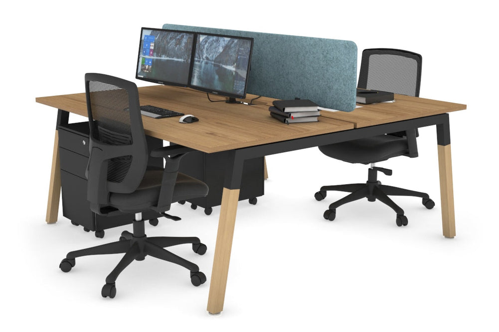Quadro A Legs 2 Person Office Workstation - Wood Legs Cross Beam [1600L x 800W with Cable Scallop]-black leg salvage oak blue acoustic panel (400H x 1600W)