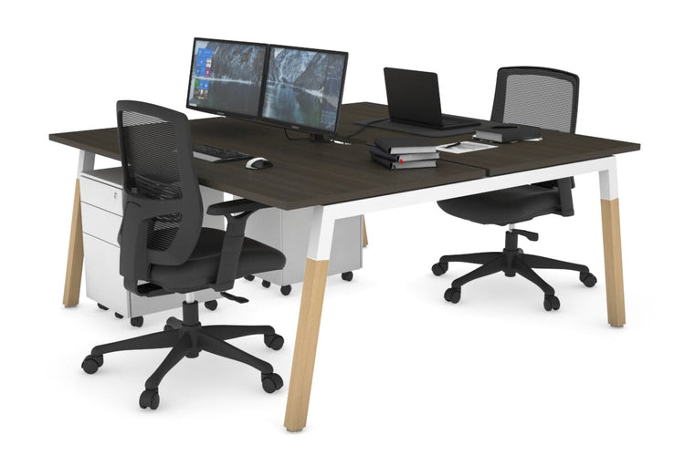 Quadro A Leg 2 Person Office Workstations - Wood Leg Cross Beam [1600L x 800W with Cable Scallop] Jasonl white leg dark oak none