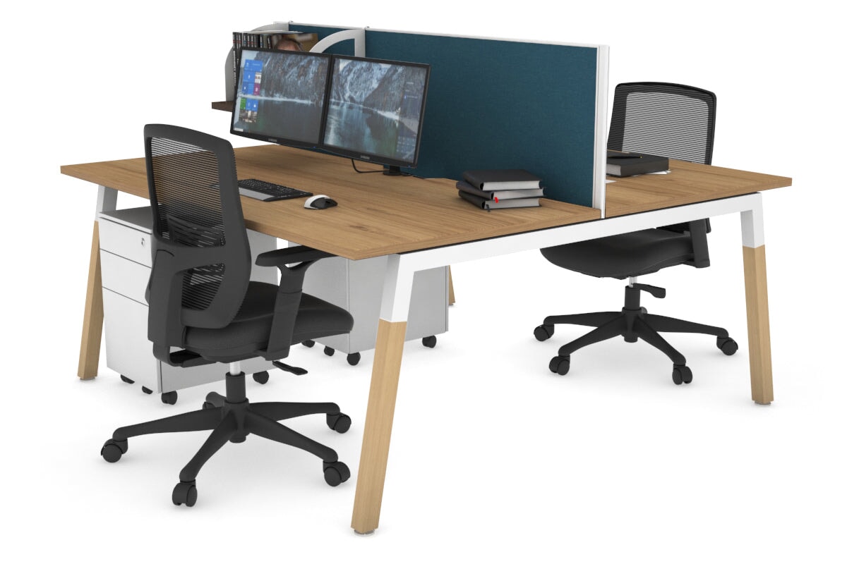 Quadro A Leg 2 Person Office Workstations - Wood Leg Cross Beam [1600L x 800W with Cable Scallop] Jasonl white leg salvage oak deep blue (500H x 1600W)