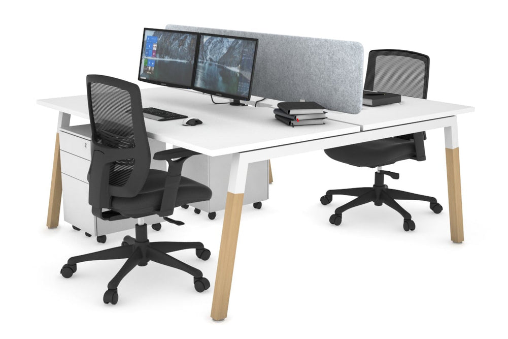 Quadro A Legs 2 Person Office Workstation - Wood Legs Cross Beam [1600L x 800W with Cable Scallop]-white leg white light grey acoustic panel (400H x 1600W)