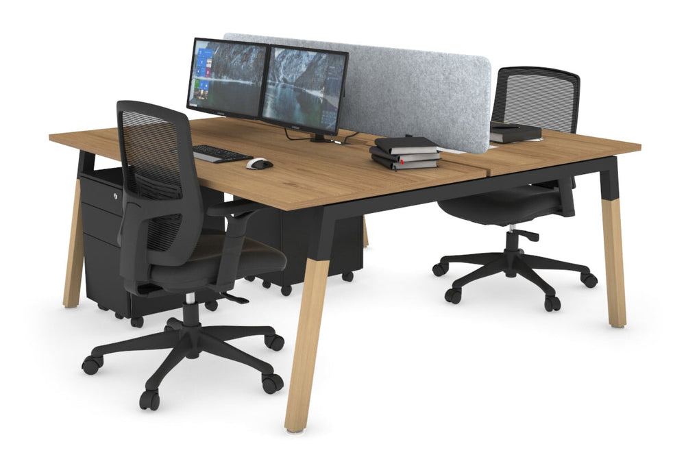 Quadro A Legs 2 Person Office Workstation - Wood Legs Cross Beam [1600L x 800W with Cable Scallop]-black leg salvage oak light grey acoustic panel (400H x 1600W)
