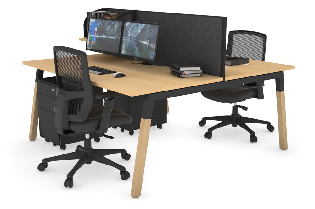 Quadro A Legs 2 Person Office Workstation - Wood Legs Cross Beam [1600L x 800W with Cable Scallop]-black leg maple moody charcoal (500H x 1600W)