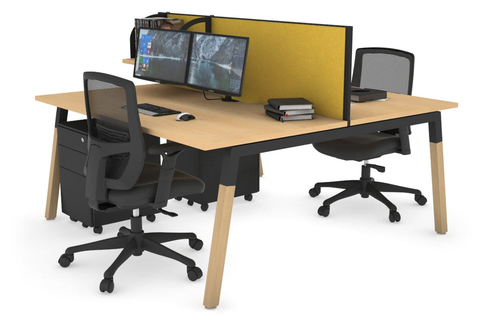 Quadro A Legs 2 Person Office Workstation - Wood Legs Cross Beam [1600L x 800W with Cable Scallop]-black leg maple mustard yellow (500H x 1600W)