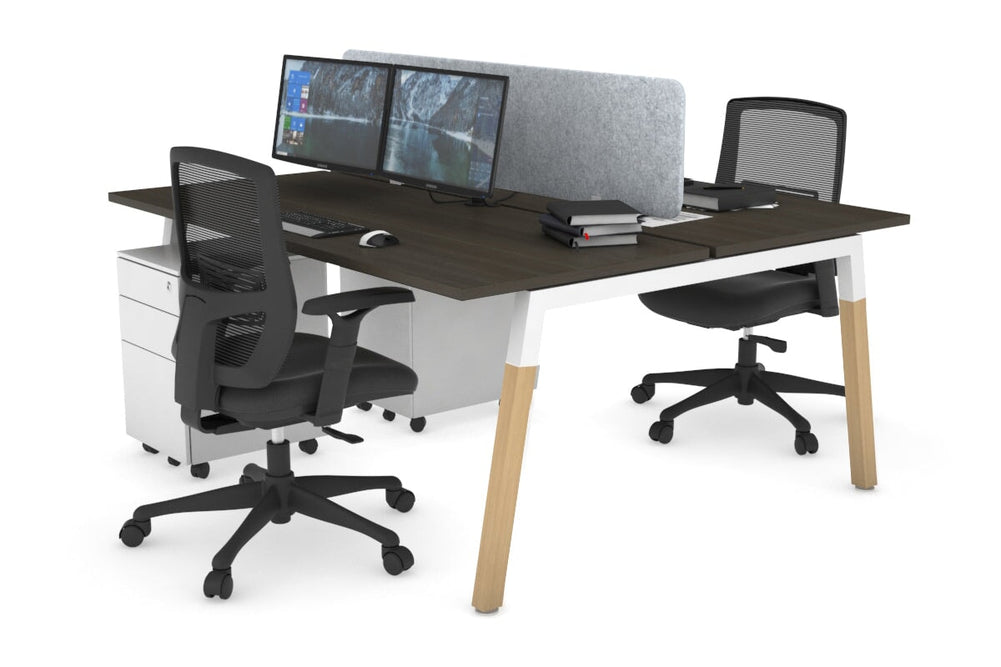 Quadro A Legs 2 Person Office Workstation - Wood Legs Cross Beam [1800L x 700W]-white leg dark oak light grey acoustic panel (400H x 1600W)