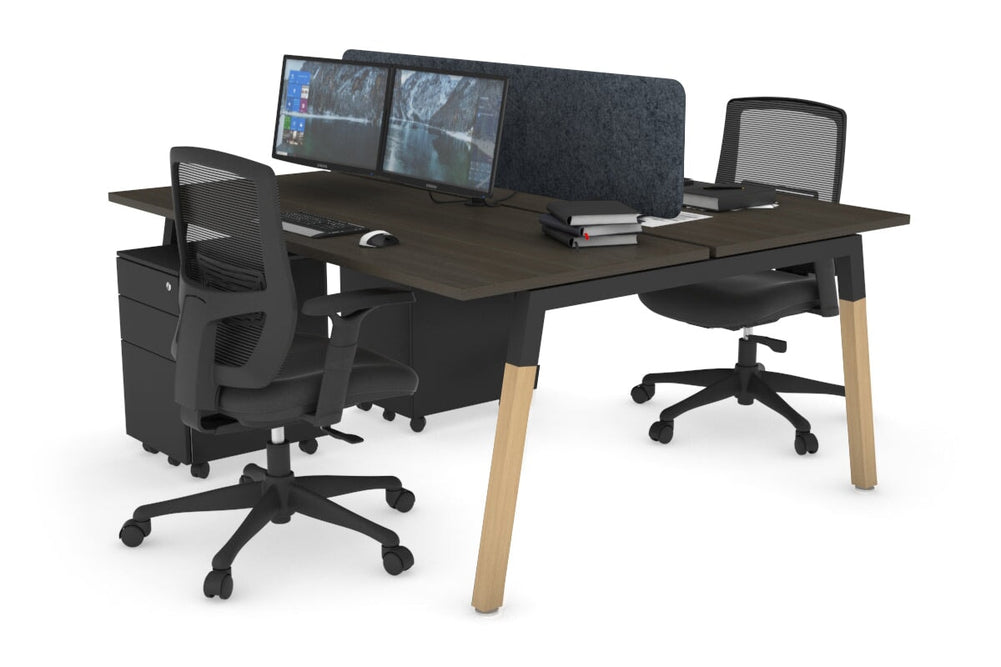 Quadro A Legs 2 Person Office Workstation - Wood Legs Cross Beam [1800L x 700W]-black leg dark oak dark grey acoustic panel (400H x 1600W)