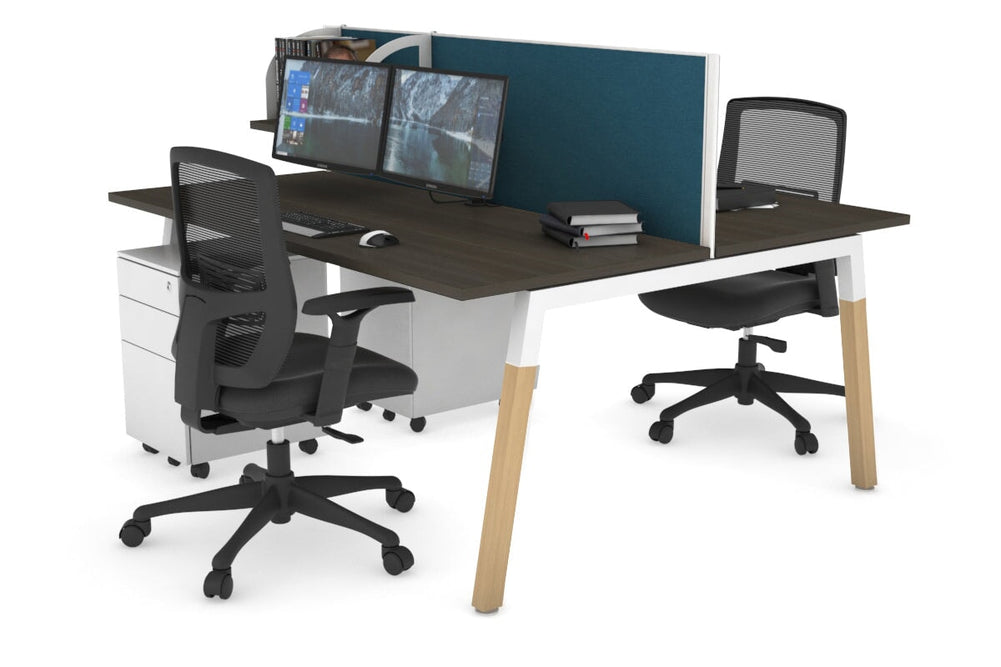 Quadro A Legs 2 Person Office Workstation - Wood Legs Cross Beam [1800L x 700W]-white leg dark oak deep blue (500H x 1800W)