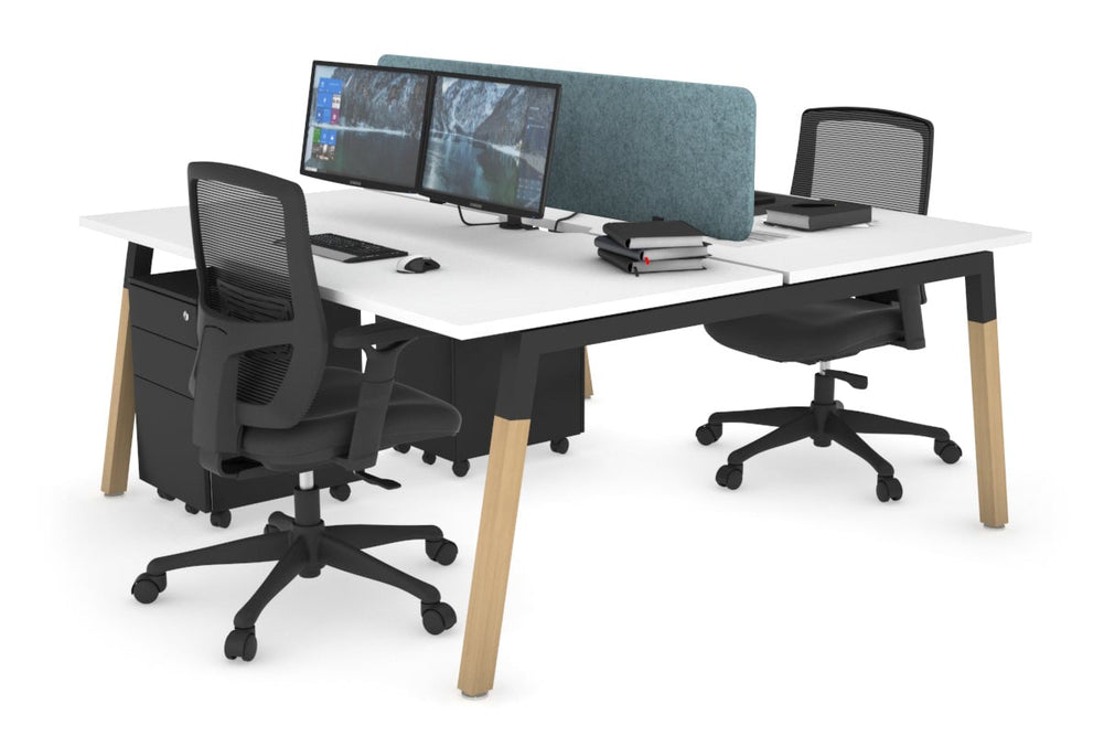 Quadro A Legs 2 Person Office Workstation - Wood Legs Cross Beam [1800L x 800W with Cable Scallop]-black leg white blue acoustic panel (400H x 1600W)