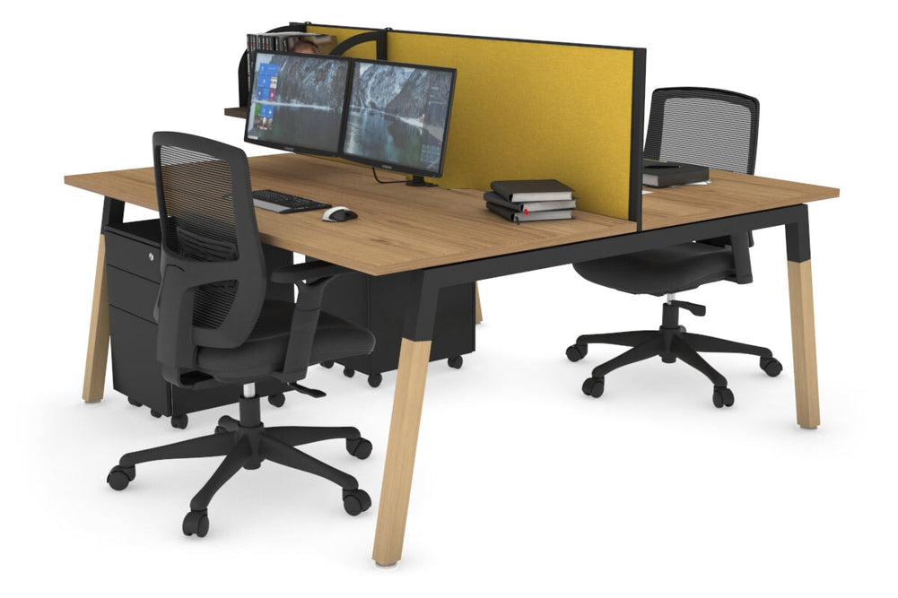 Quadro A Legs 2 Person Office Workstation - Wood Legs Cross Beam [1800L x 800W with Cable Scallop]-black leg salvage oak mustard yellow (500H x 1800W)