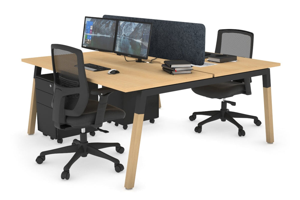Quadro A Legs 2 Person Office Workstation - Wood Legs Cross Beam [1800L x 800W with Cable Scallop]-black leg maple dark grey acoustic panel (400H x 1600W)