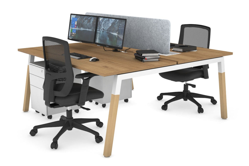 Quadro A Legs 2 Person Office Workstation - Wood Legs Cross Beam [1800L x 800W with Cable Scallop]-white leg salvage oak light grey acoustic panel (400H x 1600W)