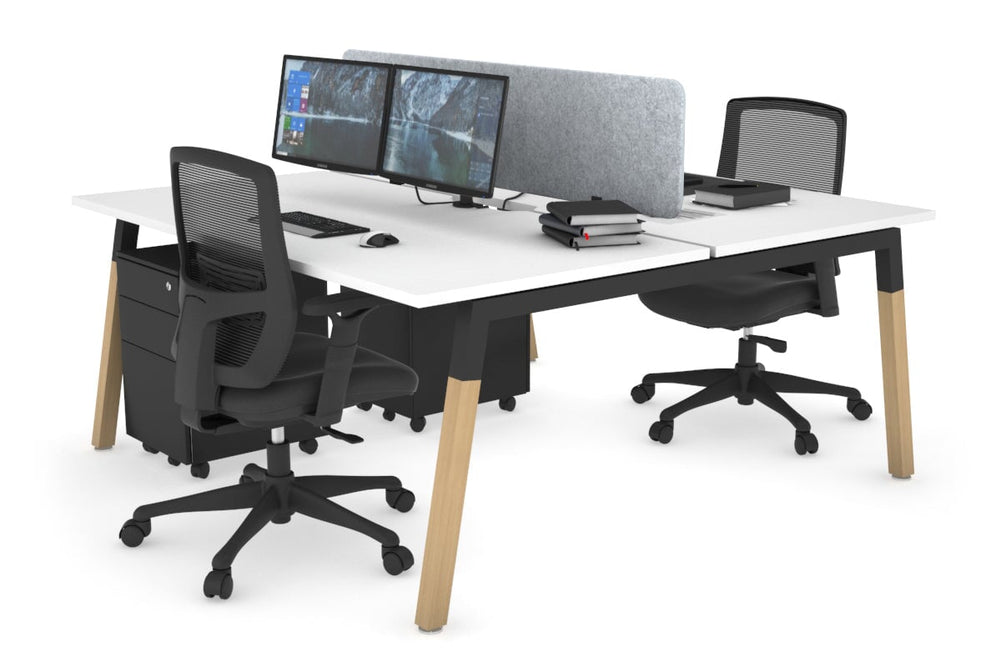 Quadro A Legs 2 Person Office Workstation - Wood Legs Cross Beam [1800L x 800W with Cable Scallop]-black leg white light grey acoustic panel (400H x 1600W)