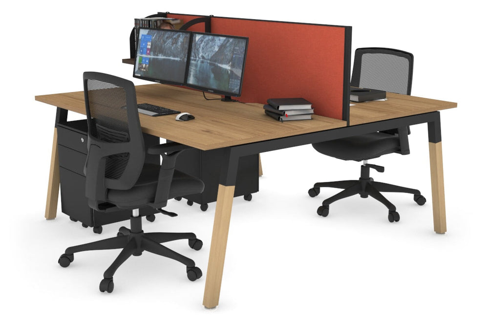 Quadro A Legs 2 Person Office Workstation - Wood Legs Cross Beam [1800L x 800W with Cable Scallop]-black leg salvage oak orange squash (500H x 1800W)