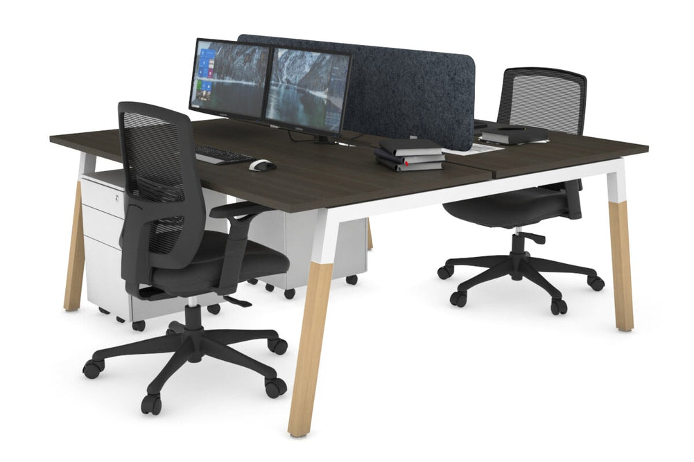 Quadro A Legs 2 Person Office Workstation - Wood Legs Cross Beam [1800L x 800W with Cable Scallop]-white leg dark oak dark grey acoustic panel (400H x 1600W)