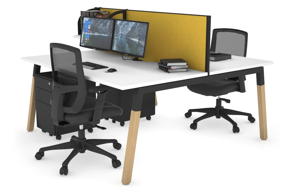 Quadro A Legs 2 Person Office Workstation - Wood Legs Cross Beam [1800L x 800W with Cable Scallop]-black leg white mustard yellow (500H x 1800W)