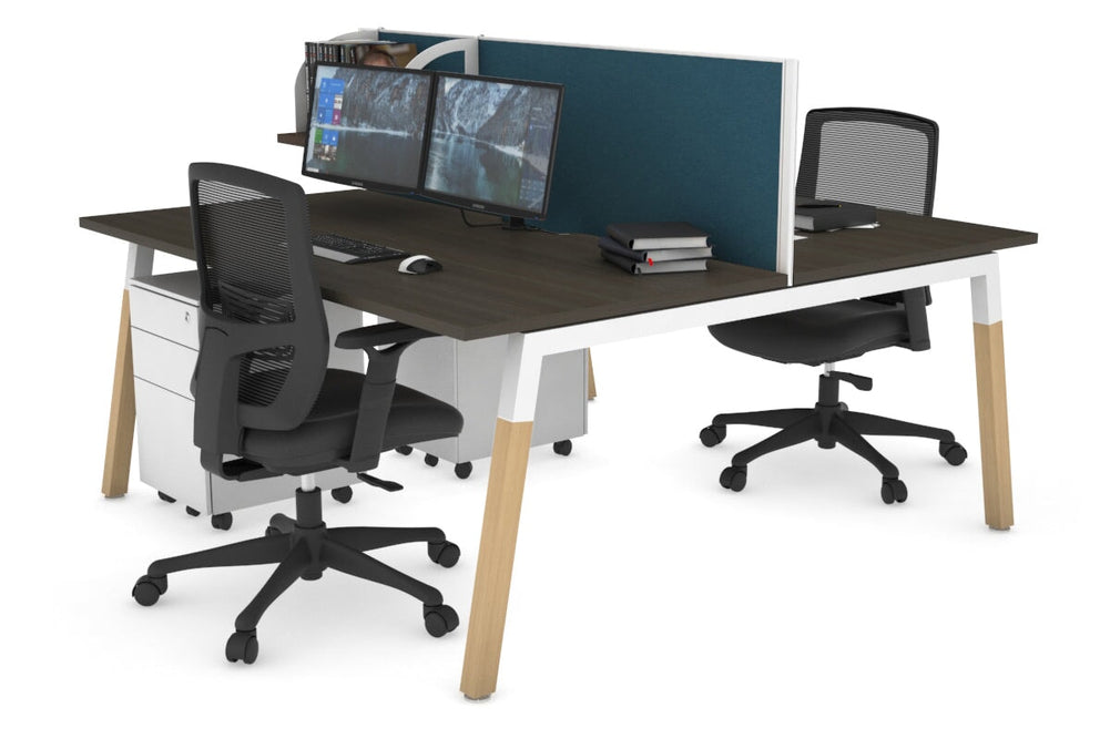 Quadro A Legs 2 Person Office Workstation - Wood Legs Cross Beam [1800L x 800W with Cable Scallop]-white leg dark oak deep blue (500H x 1800W)