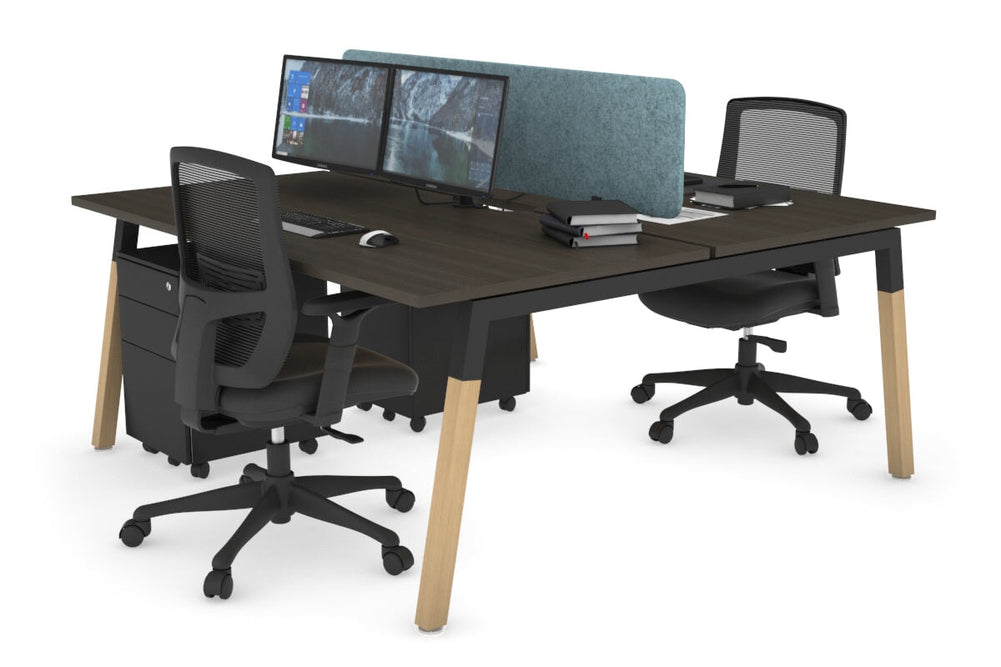Quadro A Legs 2 Person Office Workstation - Wood Legs Cross Beam [1800L x 800W with Cable Scallop]-black leg dark oak blue acoustic panel (400H x 1600W)