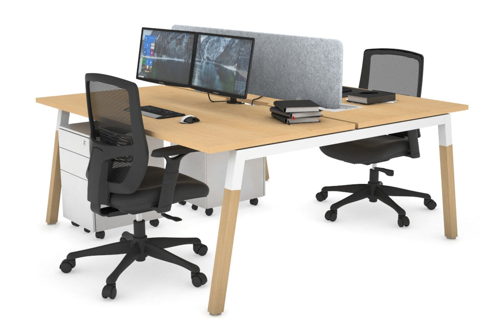 Quadro A Legs 2 Person Office Workstation - Wood Legs Cross Beam [1800L x 800W with Cable Scallop]-white leg maple light grey acoustic panel (400H x 1600W)