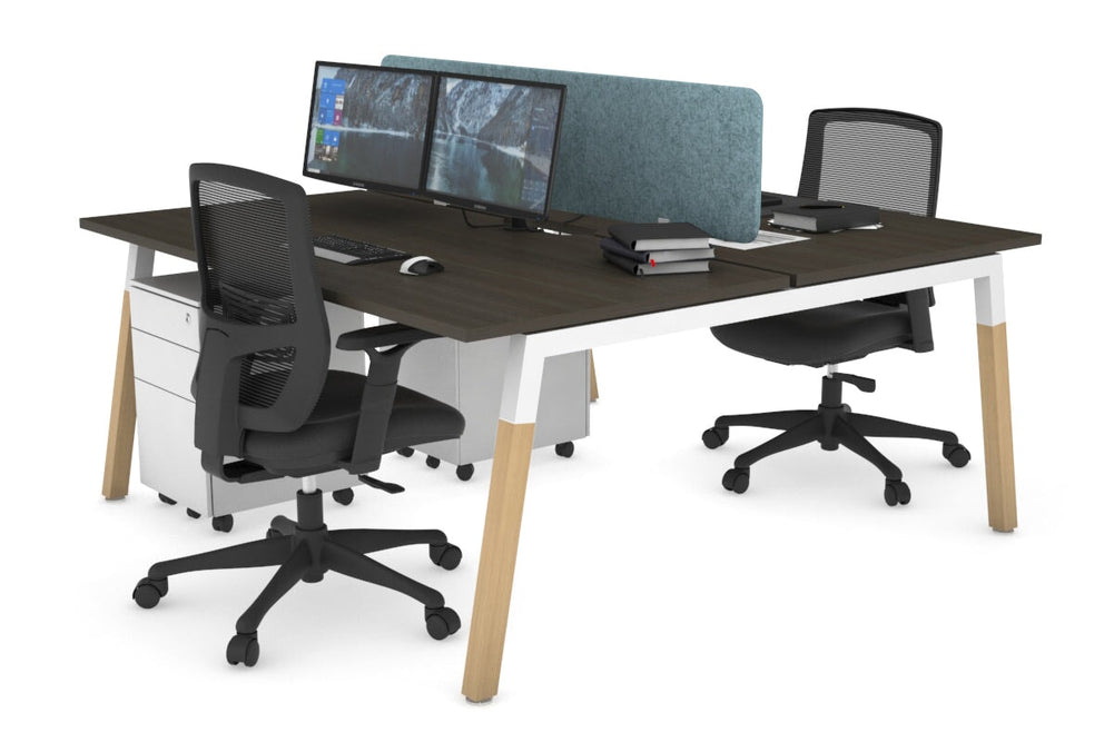 Quadro A Legs 2 Person Office Workstation - Wood Legs Cross Beam [1800L x 800W with Cable Scallop]-white leg dark oak blue acoustic panel (400H x 1600W)