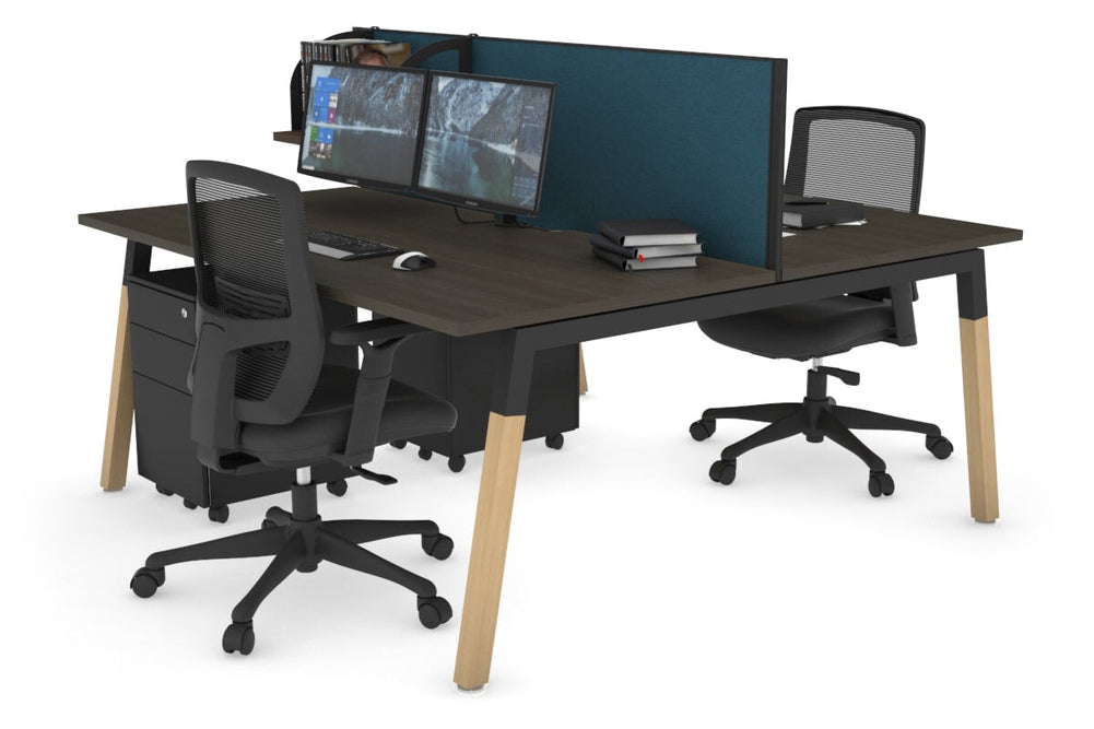 Quadro A Legs 2 Person Office Workstation - Wood Legs Cross Beam [1800L x 800W with Cable Scallop]-black leg dark oak deep blue (500H x 1800W)
