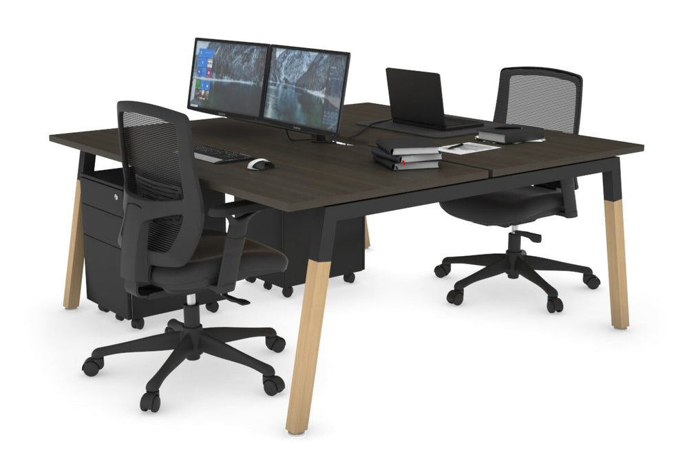Quadro A Legs 2 Person Office Workstation - Wood Legs Cross Beam [1800L x 800W with Cable Scallop]-black leg dark oak none