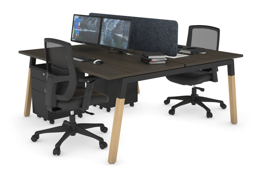 Quadro A Legs 2 Person Office Workstation - Wood Legs Cross Beam [1800L x 800W with Cable Scallop]-black leg dark oak dark grey acoustic panel (400H x 1600W)