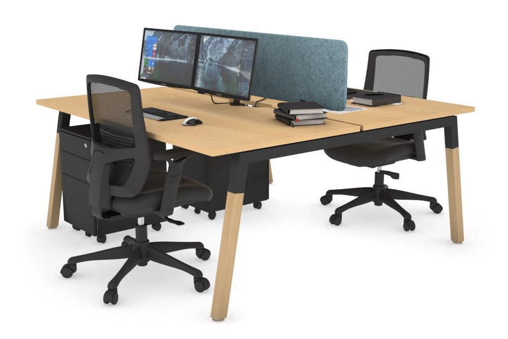 Quadro A Legs 2 Person Office Workstation - Wood Legs Cross Beam [1800L x 800W with Cable Scallop]-black leg maple blue acoustic panel (400H x 1600W)