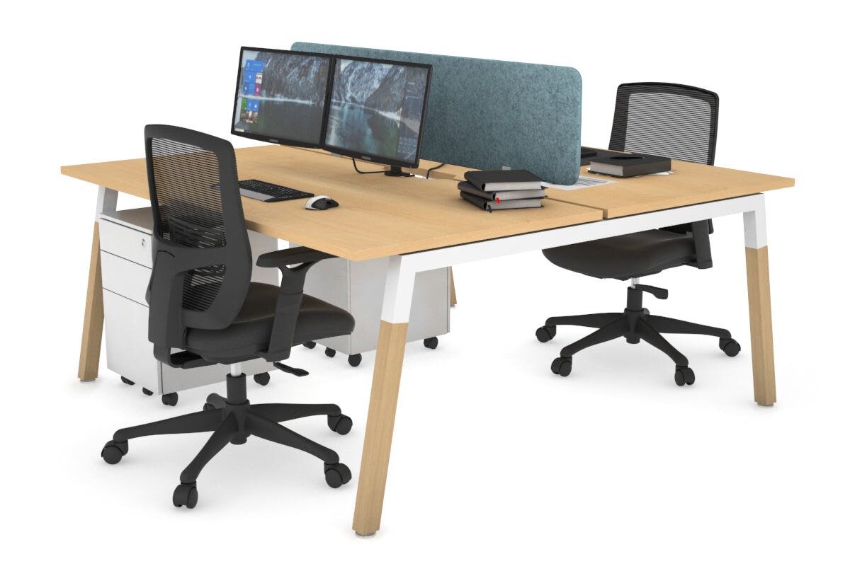 Quadro A Leg 2 Person Office Workstations - Wood Leg Cross Beam [1800L x 800W with Cable Scallop] Jasonl white leg maple blue echo panel (400H x 1600W)