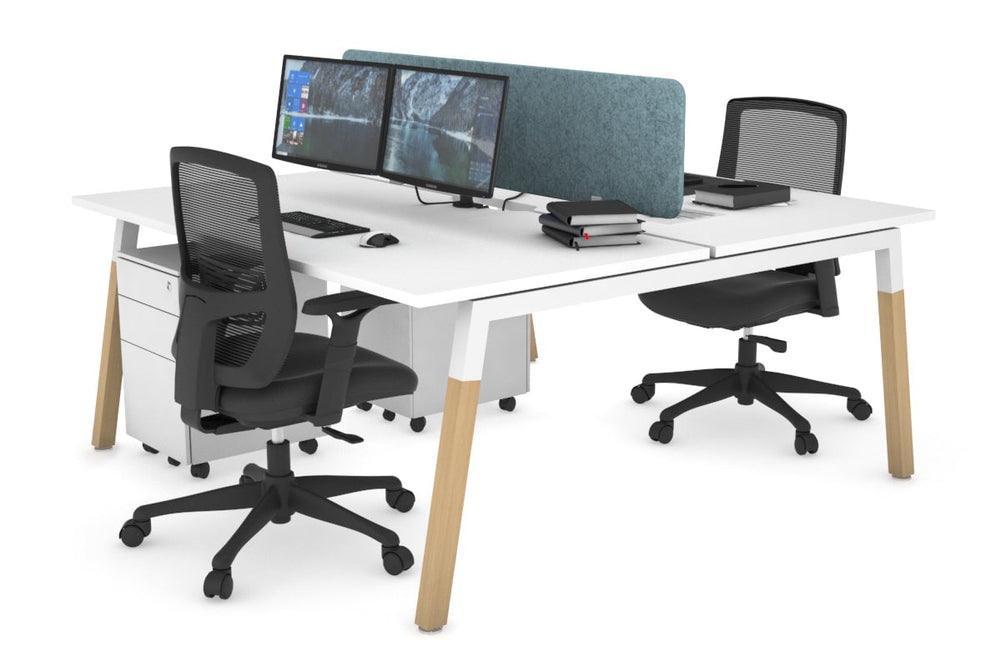Quadro A Legs 2 Person Office Workstation - Wood Legs Cross Beam [1800L x 800W with Cable Scallop]-white leg white blue acoustic panel (400H x 1600W)