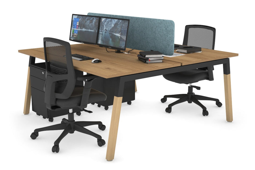 Quadro A Legs 2 Person Office Workstation - Wood Legs Cross Beam [1800L x 800W with Cable Scallop]-black leg salvage oak blue acoustic panel (400H x 1600W)