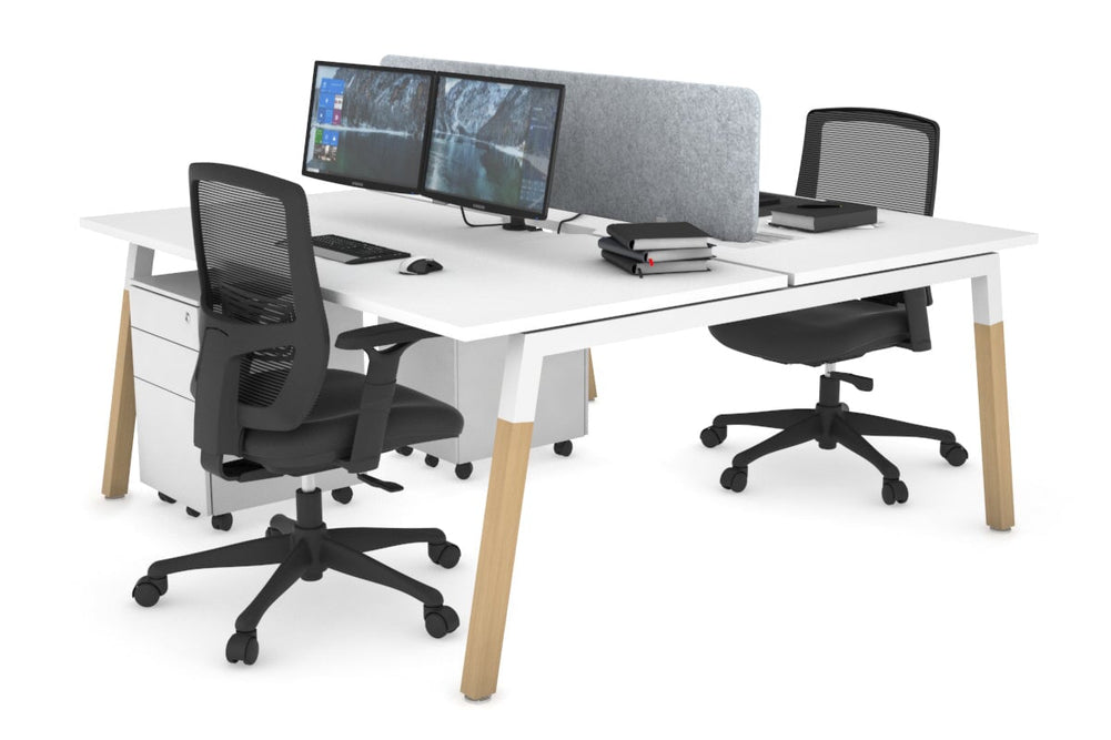 Quadro A Legs 2 Person Office Workstation - Wood Legs Cross Beam [1800L x 800W with Cable Scallop]-white leg white light grey acoustic panel (400H x 1600W)