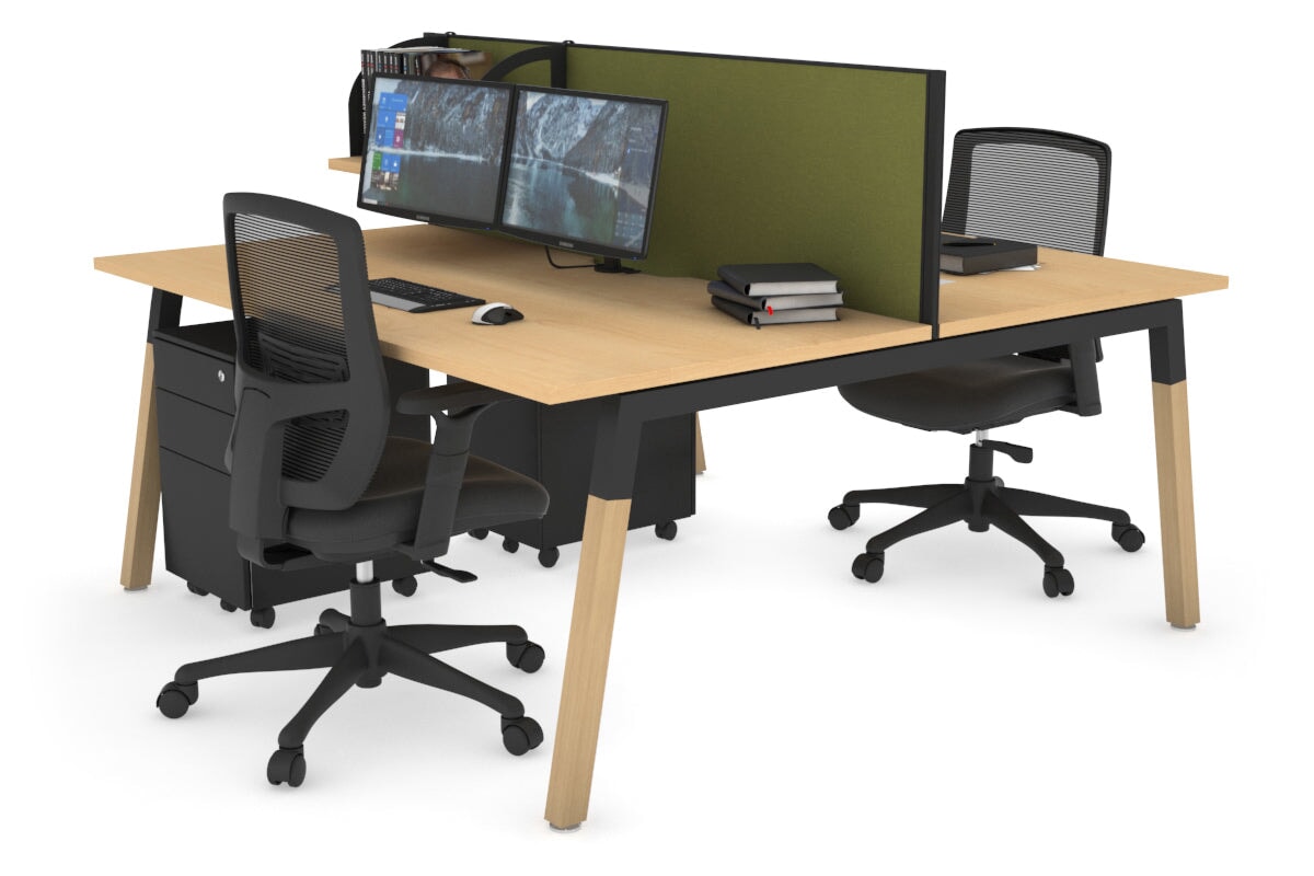 Quadro A Leg 2 Person Office Workstations - Wood Leg Cross Beam [1800L x 800W with Cable Scallop] Jasonl black leg maple green moss (500H x 1800W)