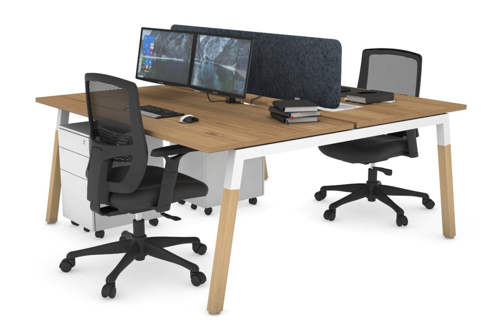 Quadro A Legs 2 Person Office Workstation - Wood Legs Cross Beam [1800L x 800W with Cable Scallop]-white leg salvage oak dark grey acoustic panel (400H x 1600W)