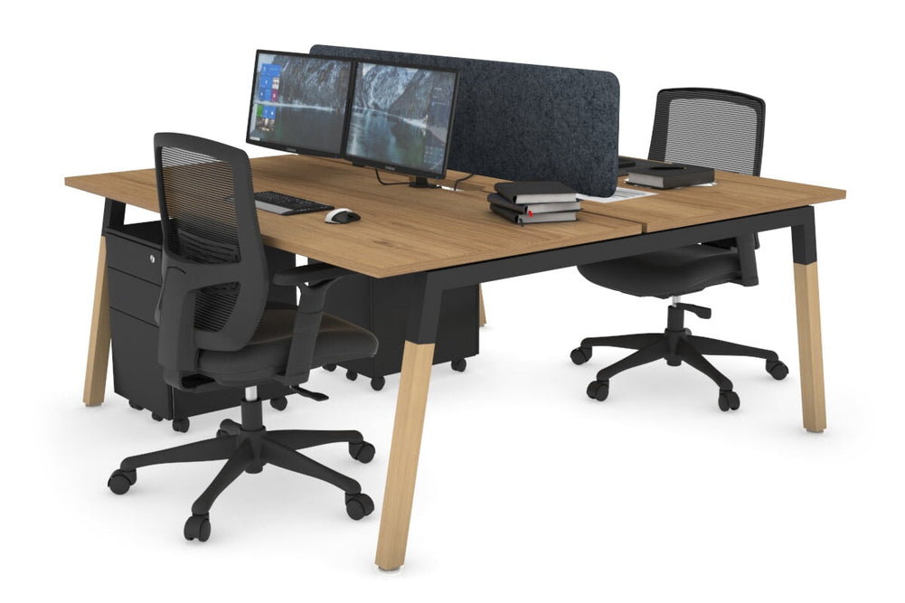 Quadro A Legs 2 Person Office Workstation - Wood Legs Cross Beam [1800L x 800W with Cable Scallop]-black leg salvage oak dark grey acoustic panel (400H x 1600W)