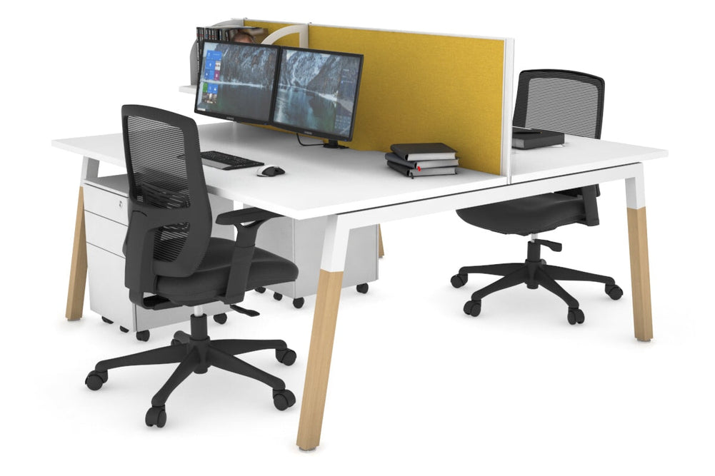 Quadro A Legs 2 Person Office Workstation - Wood Legs Cross Beam [1800L x 800W with Cable Scallop]-white leg white mustard yellow (500H x 1800W)