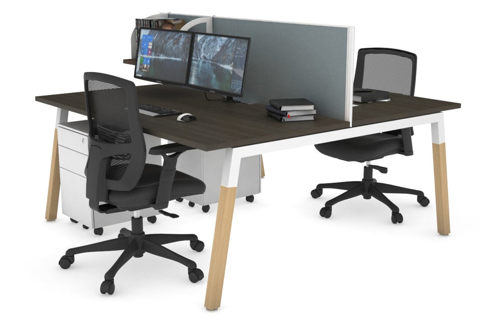 Quadro A Legs 2 Person Office Workstation - Wood Legs Cross Beam [1800L x 800W with Cable Scallop]-white leg dark oak cool grey (500H x 1800W)