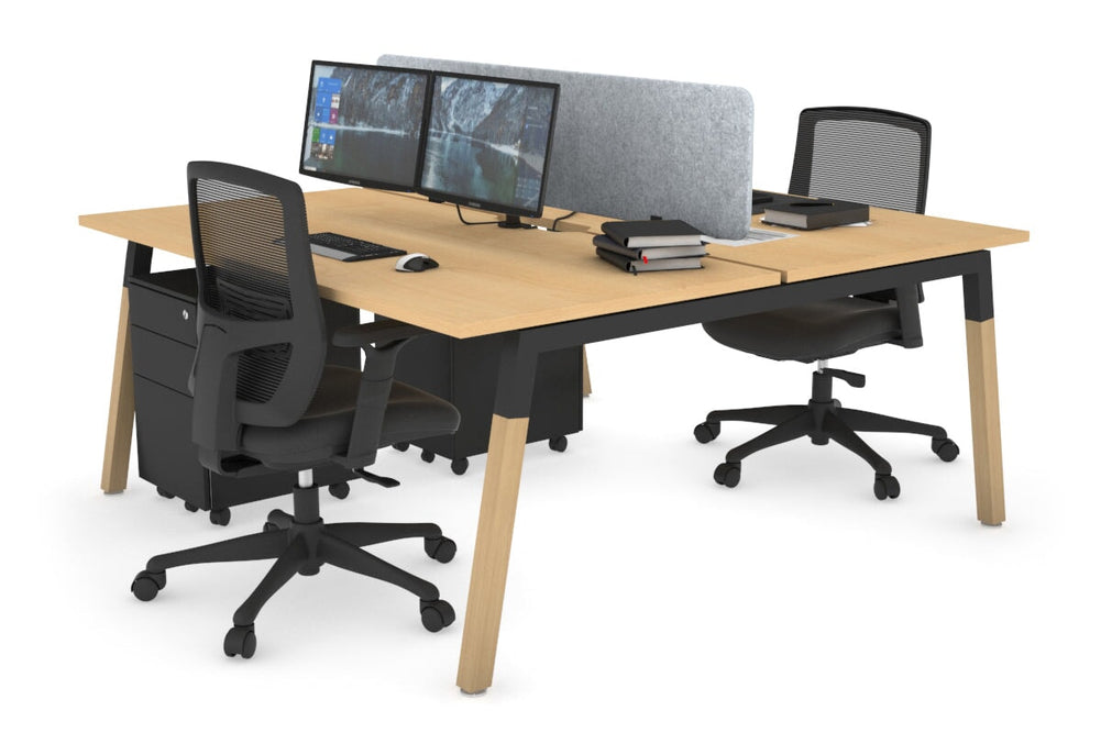Quadro A Legs 2 Person Office Workstation - Wood Legs Cross Beam [1800L x 800W with Cable Scallop]-black leg maple light grey acoustic panel (400H x 1600W)