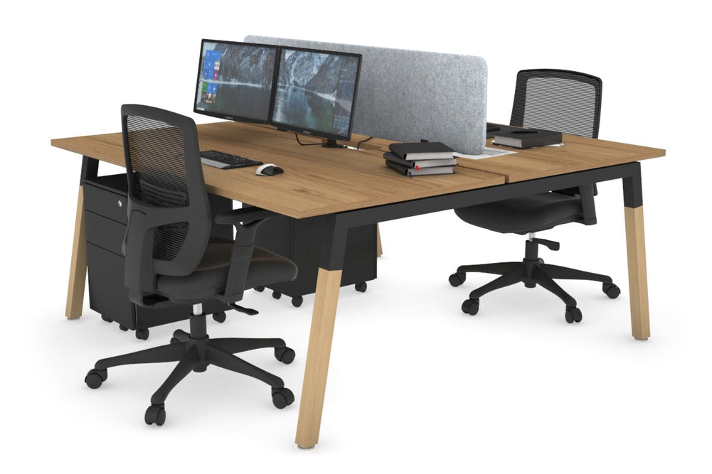 Quadro A Legs 2 Person Office Workstation - Wood Legs Cross Beam [1800L x 800W with Cable Scallop]-black leg salvage oak light grey acoustic panel (400H x 1600W)