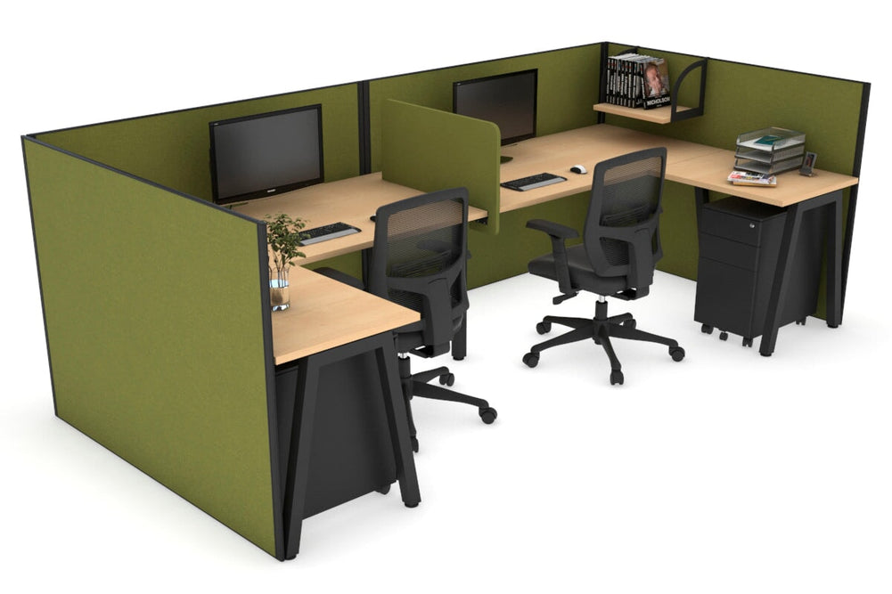 Quadro A Legs 2 Person Corner Workstation - U Configuration - Black Frame [1400L x 1800W with Cable Scallop]-maple green moss biscuit panel