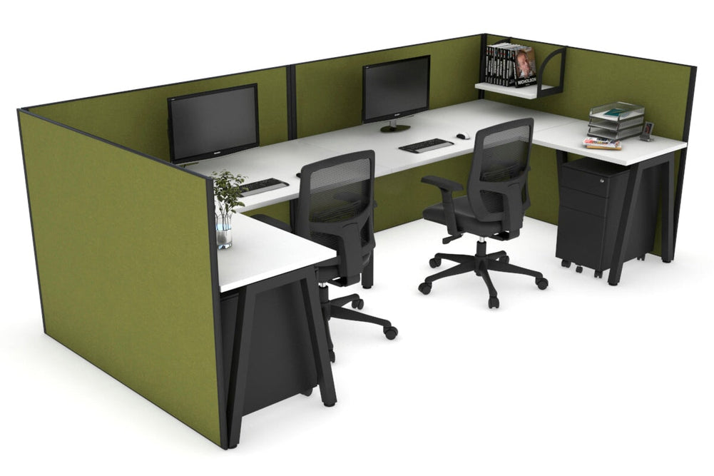 Quadro A Legs 2 Person Corner Workstation - U Configuration - Black Frame [1400L x 1800W with Cable Scallop]-white green moss none