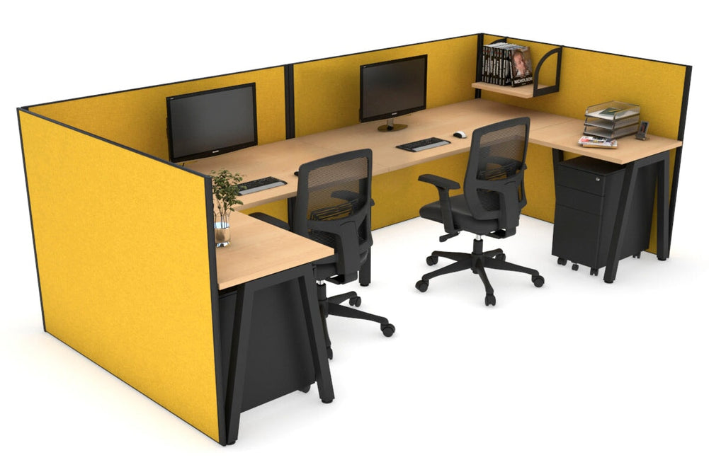 Quadro A Legs 2 Person Corner Workstation - U Configuration - Black Frame [1400L x 1800W with Cable Scallop]-maple mustard yellow none