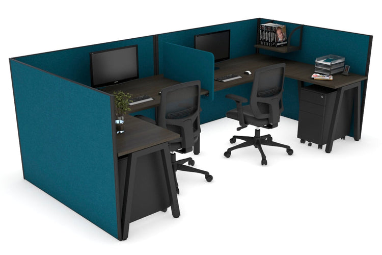 Quadro A Leg 2 Person Corner Workstations - U Configuration - Black Frame [1400L x 1800W with Cable Scallop] Jasonl dark oak deep blue biscuit panel