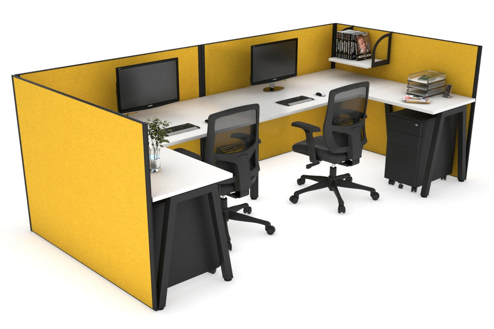 Quadro A Legs 2 Person Corner Workstation - U Configuration - Black Frame [1400L x 1800W with Cable Scallop]-white mustard yellow none