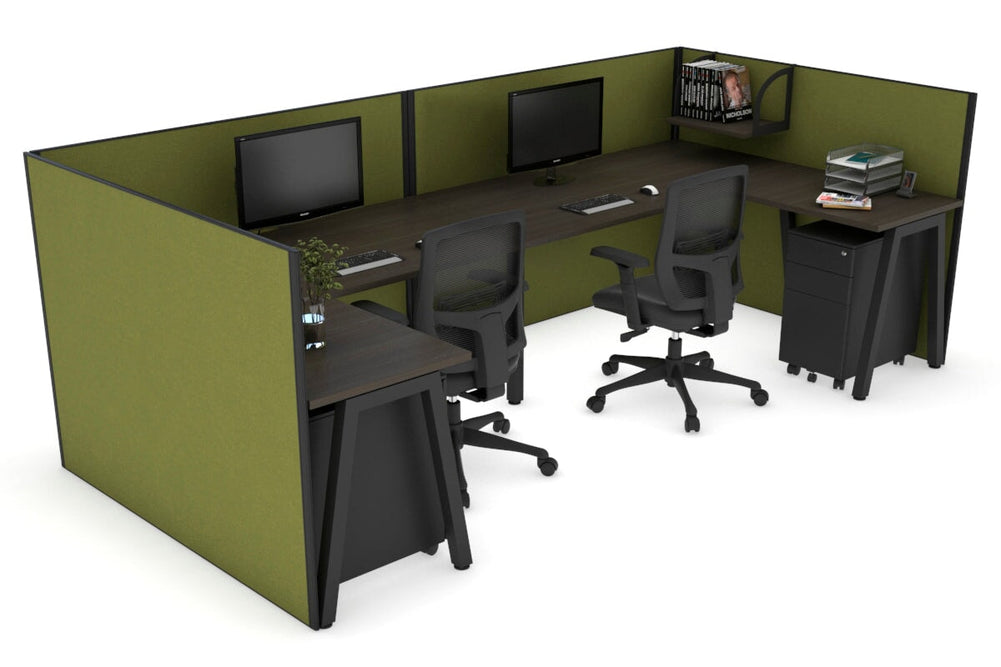 Quadro A Legs 2 Person Corner Workstation - U Configuration - Black Frame [1400L x 1800W with Cable Scallop]-dark oak green moss none
