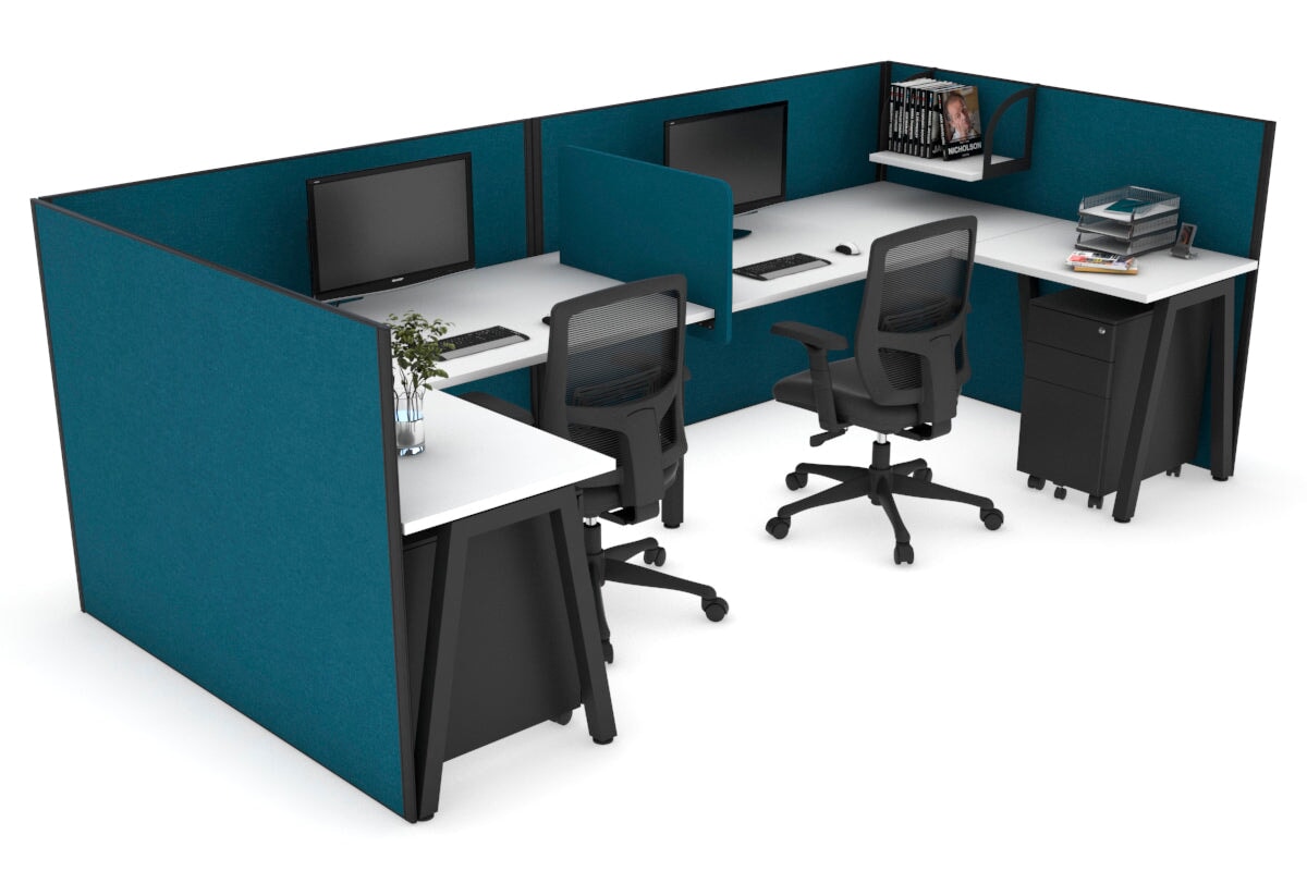 Quadro A Leg 2 Person Corner Workstations - U Configuration - Black Frame [1400L x 1800W with Cable Scallop] Jasonl white deep blue biscuit panel