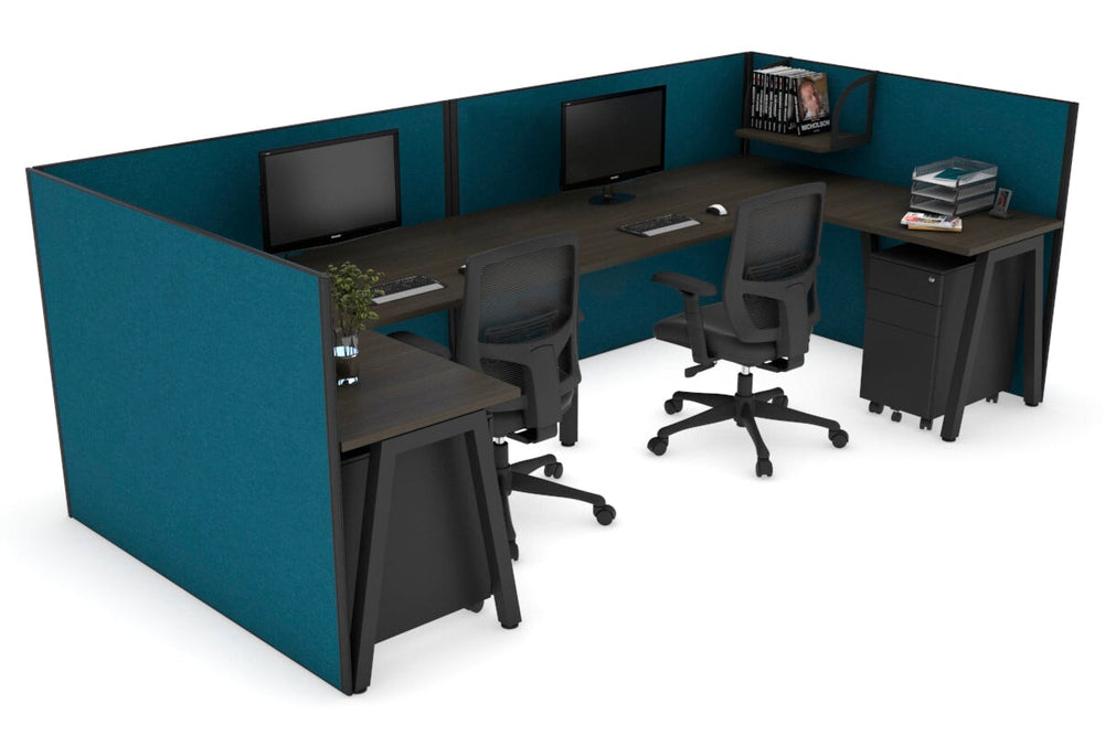 Quadro A Legs 2 Person Corner Workstation - U Configuration - Black Frame [1400L x 1800W with Cable Scallop]-dark oak deep blue none